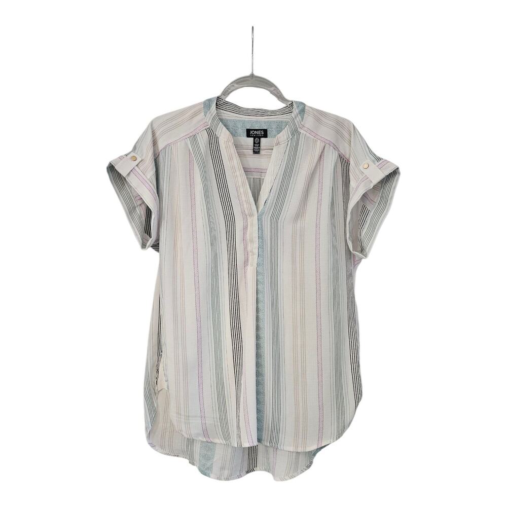 Jones New York Short Sleeve White Vertical Striped Drop Tail Hem Womrns Size S